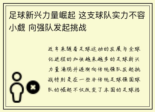 足球新兴力量崛起 这支球队实力不容小觑 向强队发起挑战
